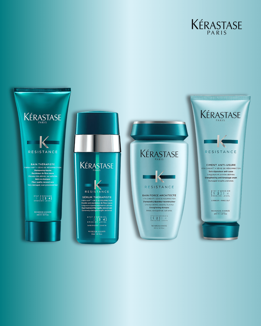 Kérastase hair care products on a light blue background